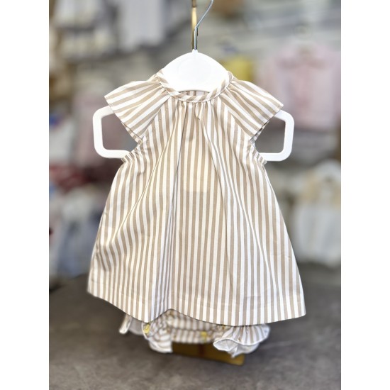 Babydif Girls White and Beige Striped Dress and Bloomers Set 866199