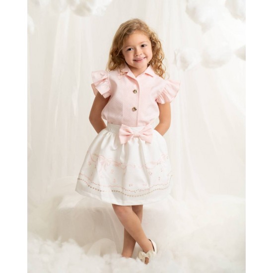 Caramelo Kids SS26 Pink Ruffle Top and Bow Detail Skirt Set 0122179