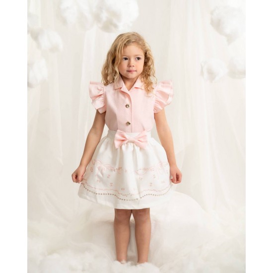 Caramelo Kids SS26 Pink Ruffle Top and Bow Detail Skirt Set 0122179