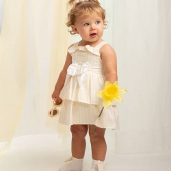 Caramelo Kids SS26 Lemon Stripe Layered Ruffle dress and Jam Pant Set 0312247