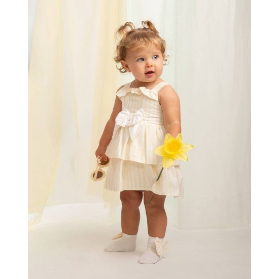 Caramelo Kids SS26 Lemon Stripe Layered Ruffle dress and Jam Pant Set 0312247