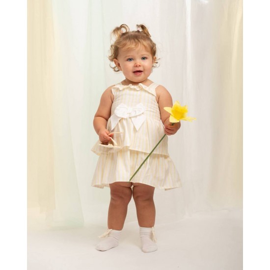 Caramelo Kids SS26 Lemon Stripe Layered Ruffle dress and Jam Pant Set 0312247