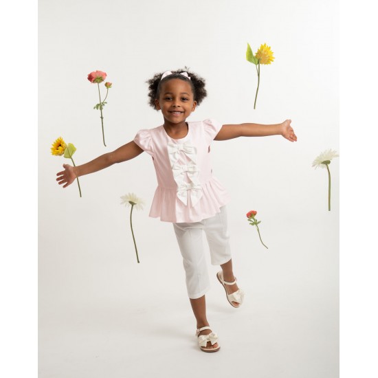 Caramelo Kids SS26 Pink and White Trouser set and Hairbow 0314250 Caramelo Kids SS26 Pink and White Trouser set and Hairbow 0314250