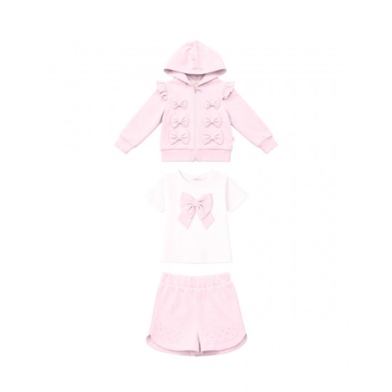 Caramelo Kids SS26 Pink Jersey Bow Cardigan, Top and shorts Set 0314262 Caramelo Kids SS26 Pink Jersey Bow Cardigan, Top and shorts Set 0314262