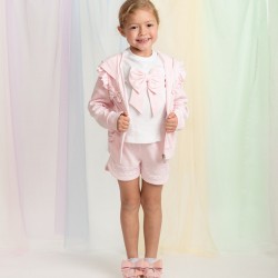 Caramelo Kids SS26 Pink Jersey Bow Cardigan, Top and shorts Set 0314262