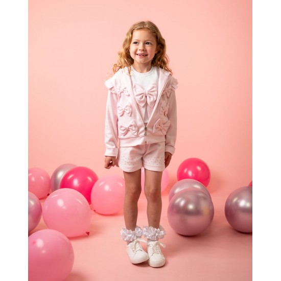 Caramelo Kids SS26 Pink Jersey Bow Cardigan, Top and shorts Set 0314262 Caramelo Kids SS26 Pink Jersey Bow Cardigan, Top and shorts Set 0314262