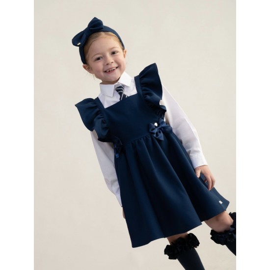 Caramelo Kids Girls Navy Flared Pinafore with Bow 342142