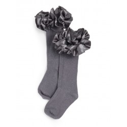 Caramelo Kids Grey Ruffle ribbon knee length socks 044918