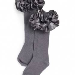 Caramelo Kids Grey Ruffle ribbon knee length socks 044918