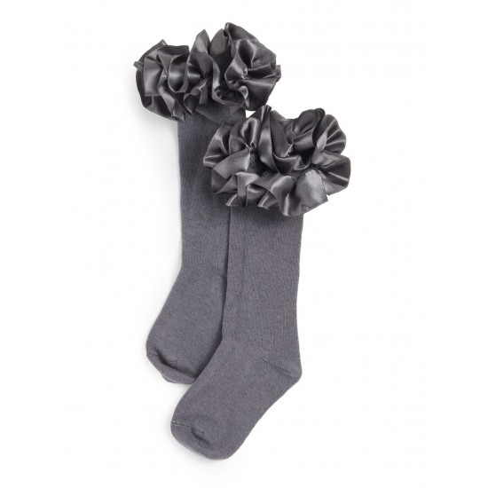 Caramelo Kids Grey Ruffle ribbon knee length socks 044918