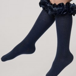 Caramelo Kids Navy Ruffle ribbon Knee length socks 044918