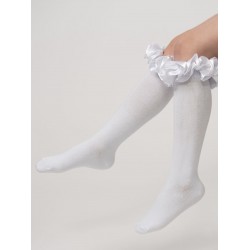 Caramelo Kids White Ruffle ribbon Knee length socks 044918 Caramelo Kids White Ruffle ribbon Knee length socks 044918
