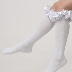 Caramelo Kids White Ruffle ribbon Knee length socks 044918