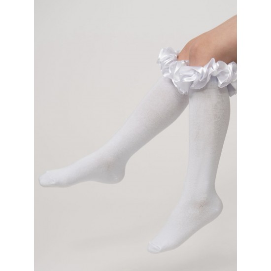 Caramelo Kids White Ruffle ribbon Knee length socks 044918