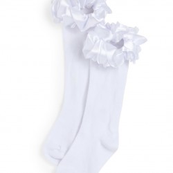 Caramelo Kids White Ruffle ribbon Knee length socks 044918