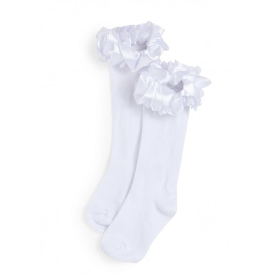 Caramelo Kids White Ruffle ribbon Knee length socks 044918