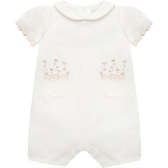 Emile et Rose SS26 Cream Romper with floral emb pockets & collar 7355ST Emile et Rose SS26 Cream Romper with floral emb pockets & collar 7355ST