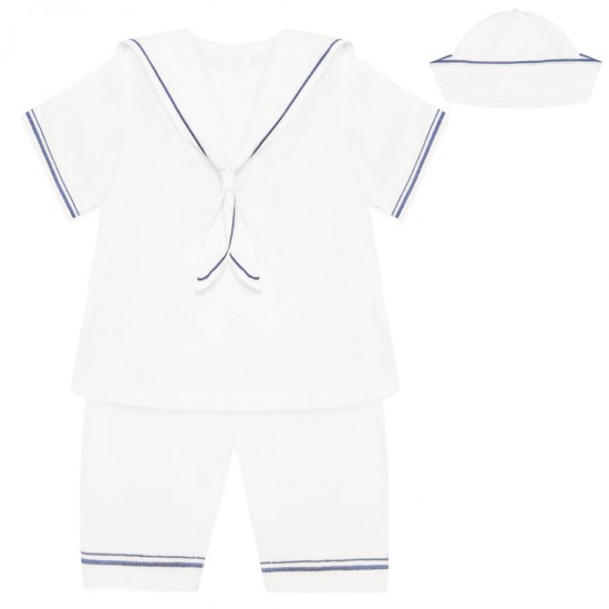 Emile et Rose SS26 Linen style sailor 2PC, collar & navy trim, Shorts & hat 5393WH Emile et Rose SS26 Linen style sailor 2PC, collar & navy trim, Shorts & hat 5393WH
