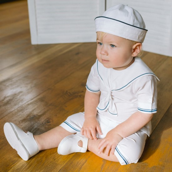 Emile et Rose SS26 Linen style sailor 2PC, collar & navy trim, Shorts & hat 5393WH Emile et Rose SS26 Linen style sailor 2PC, collar & navy trim, Shorts & hat 5393WH