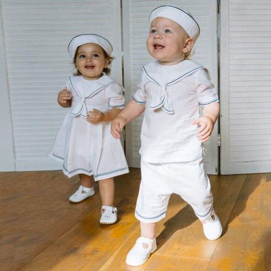 Emile et Rose SS26 Linen style sailor 2PC, collar & navy trim, Shorts & hat 5393WH Emile et Rose SS26 Linen style sailor 2PC, collar & navy trim, Shorts & hat 5393WH