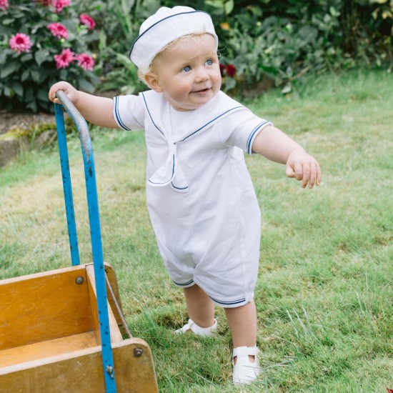 Emile et Rose SS26 White Linen Boys Sailor Romper with Hat 7342WH Emile et Rose SS26 White Linen Boys Sailor Romper with Hat 7342WH