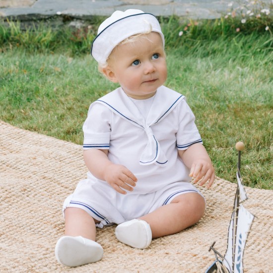 Emile et Rose SS26 White Linen Boys Sailor Romper with Hat 7342WH Emile et Rose SS26 White Linen Boys Sailor Romper with Hat 7342WH