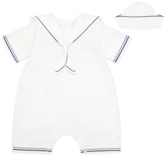 Emile et Rose SS26 White Linen Boys Sailor Romper with Hat 7342WH Emile et Rose SS26 White Linen Boys Sailor Romper with Hat 7342WH