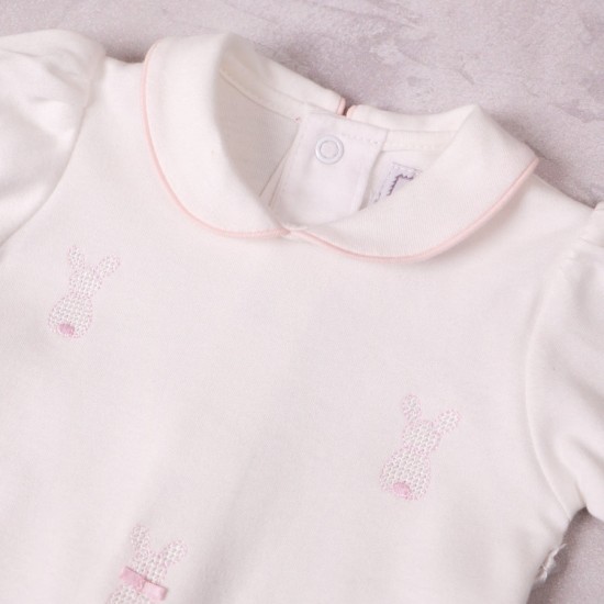 Emile et Rose SS26 White and pink emb bunny interlock All in One and hat 2650PP Emile et Rose SS26 White and pink emb bunny interlock All in One and hat 2650PP