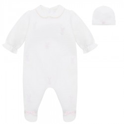 Emile et Rose SS26 White and pink emb bunny interlock All in One and hat 2650PP Emile et Rose SS26 White and pink emb bunny interlock All in One and hat 2650PP