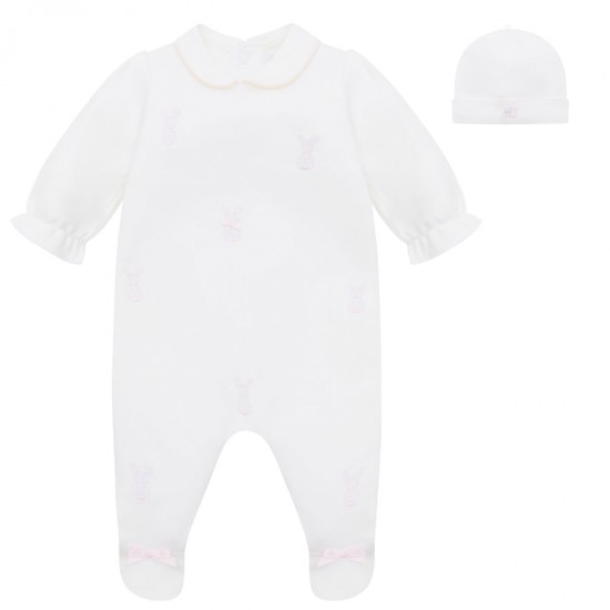 Emile et Rose SS26 White and pink emb bunny interlock All in One and hat 2650PP Emile et Rose SS26 White and pink emb bunny interlock All in One and hat 2650PP
