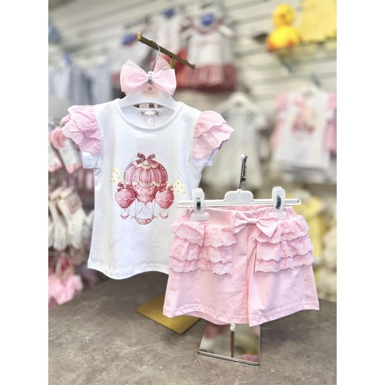 Gio Bambini SS26 Girls Pink and White Top and Shorts set Balloons YG-40-1