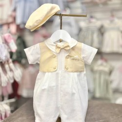 Pretty Originals SS26 Boys Ivory/Champagne Romper with bow and cap DL08179E