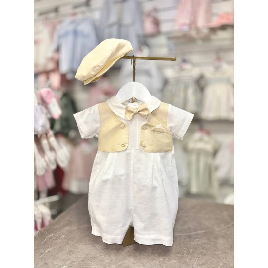 Pretty Originals SS26 Boys Ivory/Champagne Romper with bow and cap DL08179E