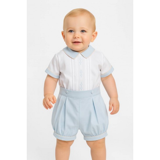 Pretty Originals SS26 Boys Pale Blue/White Shirt and Shorts Set DL62381E