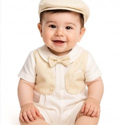 Pretty Originals SS26 Boys Ivory/Champagne Romper with bow and cap DL08179E Pretty Originals SS26 Boys Ivory/Champagne Romper with bow and cap DL08179E