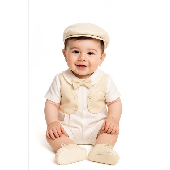 Pretty Originals SS26 Boys Ivory/Champagne Romper with bow and cap DL08179E