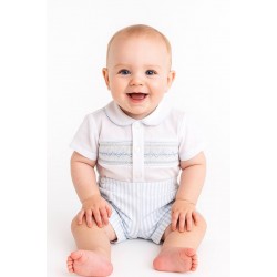 Pretty Originals SS26 Boys Pale Blue/White Smocked Shirt and Striped Shorts Set DL08169E Pretty Originals SS26 Boys Pale Blue/White Smocked Shirt and Striped Shorts Set DL08169E