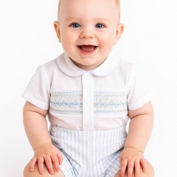 Pretty Originals SS26 Boys Pale Blue/White Smocked Shirt and Striped Shorts Set DL08169E Pretty Originals SS26 Boys Pale Blue/White Smocked Shirt and Striped Shorts Set DL08169E