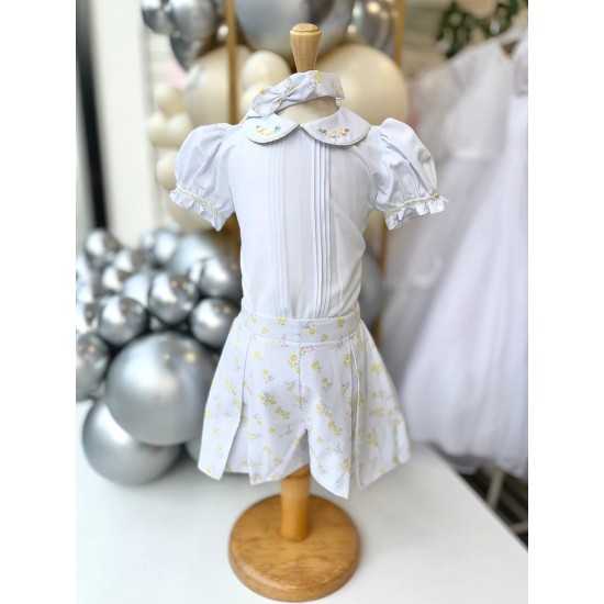 Pretty Originals SS26 Girls Yellow Floral Print Shirt and Shorts Set with Headband BD02386E Pretty Originals SS26 Girls Yellow Floral Print Shirt and Shorts Set with Headband BD02386E
