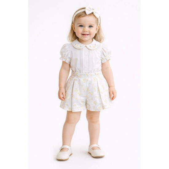 Pretty Originals SS26 Girls Yellow Floral Print Shirt and Shorts Set with Headband BD02386E Pretty Originals SS26 Girls Yellow Floral Print Shirt and Shorts Set with Headband BD02386E