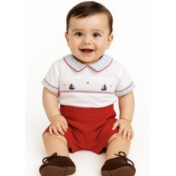 Pretty Originals SS26 Boys Red/White Smocked Shirt and Shorts Set DL08178 Pretty Originals SS26 Boys Red/White Smocked Shirt and Shorts Set DL08178