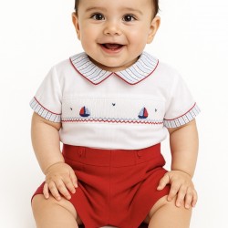Pretty Originals SS26 Boys Red/White Smocked Shirt and Shorts Set DL08178 Pretty Originals SS26 Boys Red/White Smocked Shirt and Shorts Set DL08178