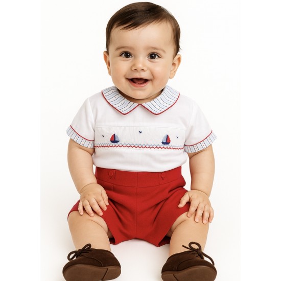 Pretty Originals SS26 Boys Red/White Smocked Shirt and Shorts Set DL08178