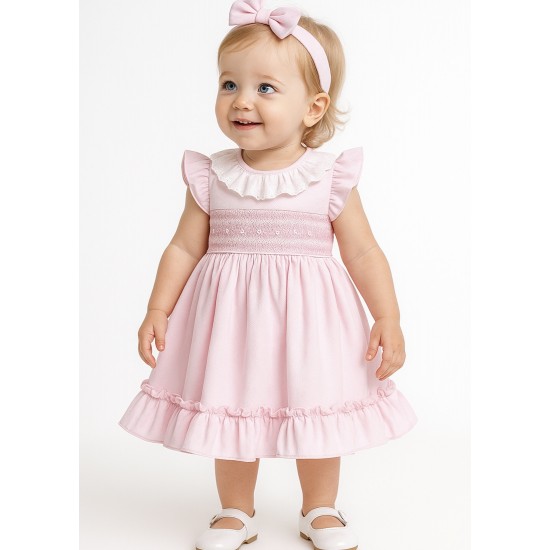 Pretty Originals SS26 Girls Pink Smocked Dress and headband LC01005E Pretty Originals SS26 Girls Pink Smocked Dress and headband LC01005E