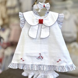 Pretty Originals SS26 Girls White and Navy Dress with Pants and Headband BD02395