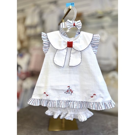 Pretty Originals SS26 Girls White and Navy Dress with Pants and Headband BD02395