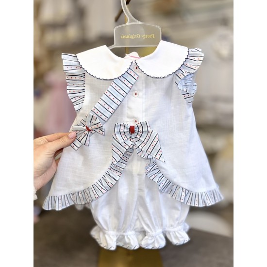 Pretty Originals SS26 Girls White and Navy Dress with Pants and Headband BD02395