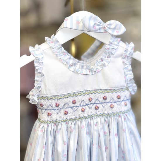 Pretty Originals SS26 Girls Pale Blue Smocked Dress with Headband BD02374