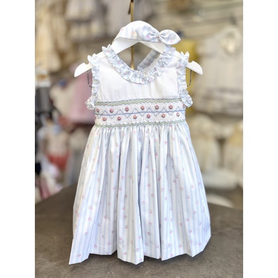 Pretty Originals SS26 Girls Pale Blue Smocked Dress with Headband BD02374