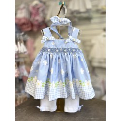 Pretty Originals SS26 Pale Blue Daisy Print Dress and Leggings set with headband LC01013E